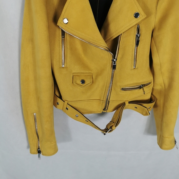 Zara Faux Suede Biker Bomber Aviator Jacket Size M 10 12 Yellow Ladies - Picture 2 of 7